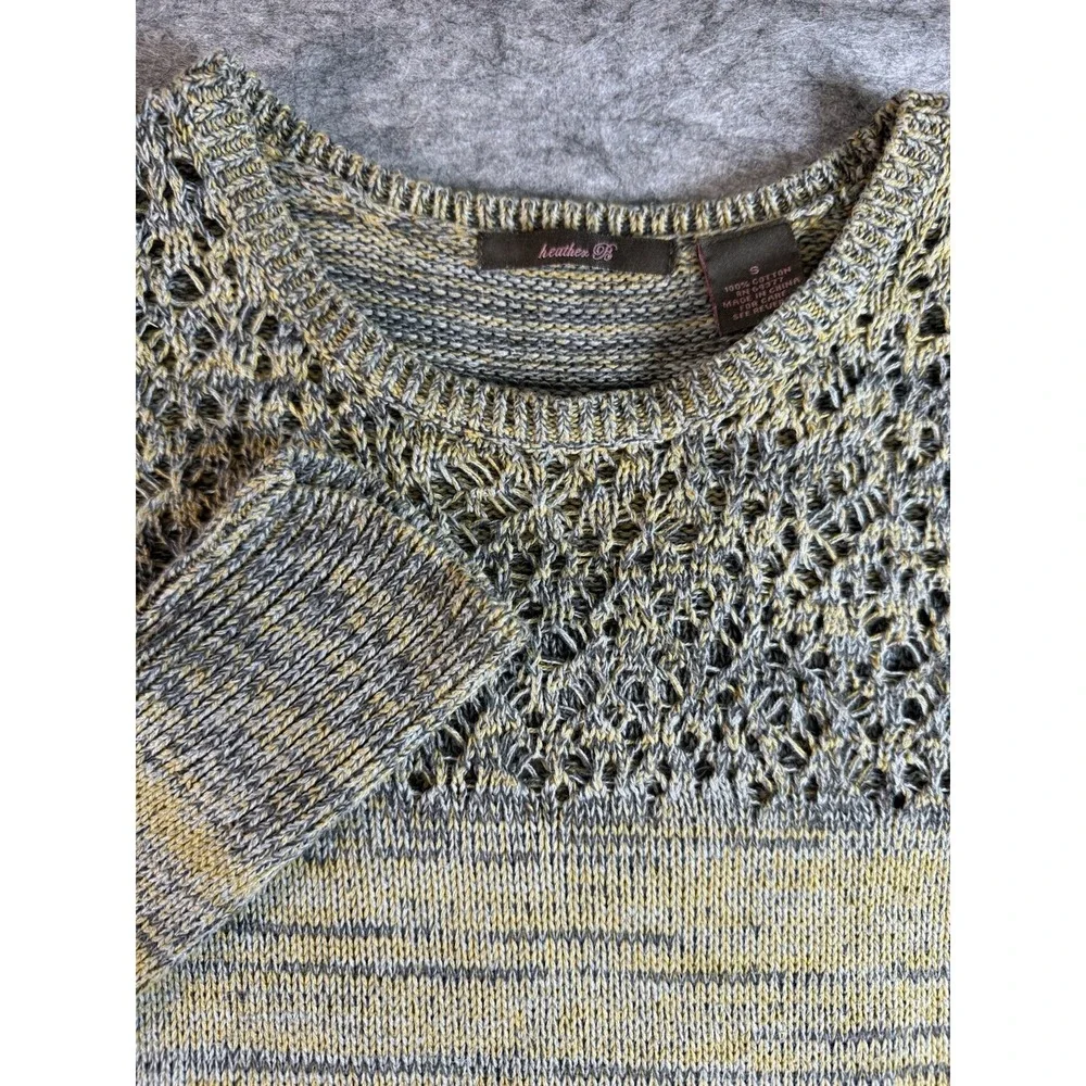 Heather B Marled Cotton Open Knit Sweater XS Gray Mustard Boho Textured Pullover